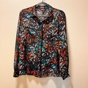 Ellen Tracy Chic Sheer Long Sleeve Blouse, Sz M, Brown With Fall Colored Flowers